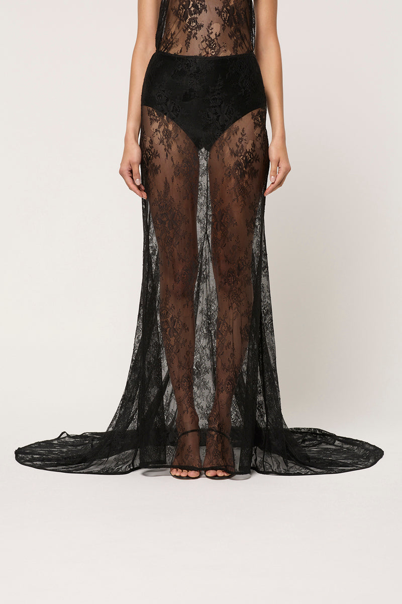 LACE MAXI SKIRT WITH TRAIN - BLACK
