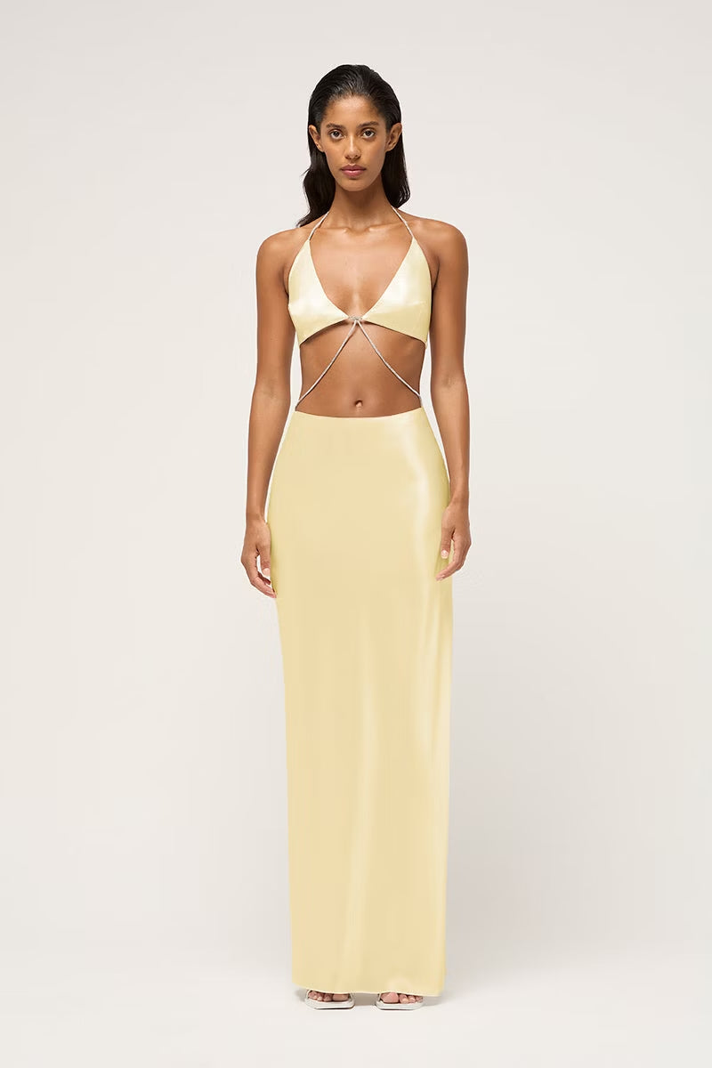 NOMI CRYSTALLINE WRAP HALTER DRESS- PALE YELLOW