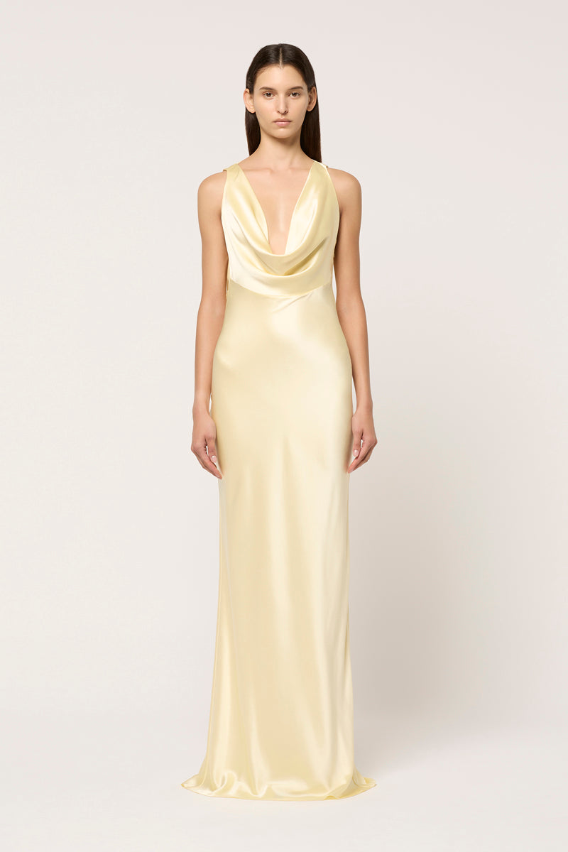 DRAPE FRONT MAXI DRESS - PALE YELLOW