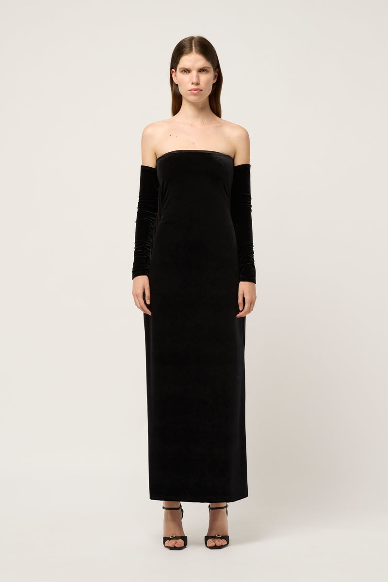 STRAPLESS VELVET MAXI DRESS - BLACK