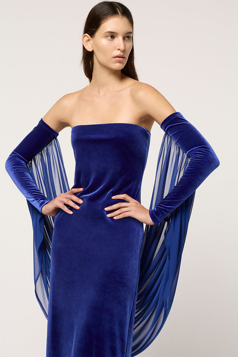 VELVET STRAPLESS MAXI DRESS