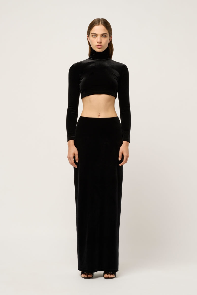 WOMENS VELVET MAXI SKIRT - BLACK