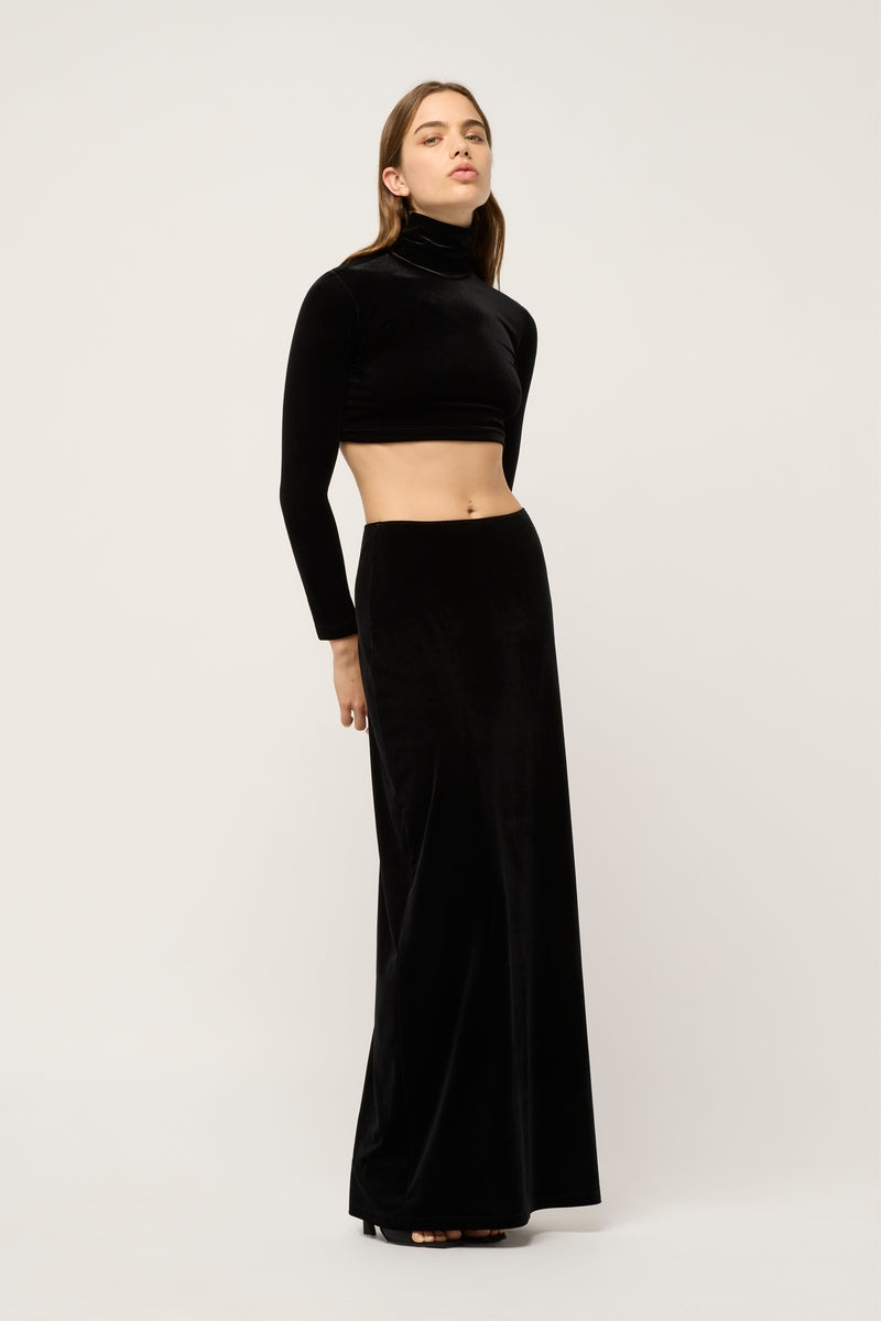 WOMENS VELVET MAXI SKIRT - BLACK