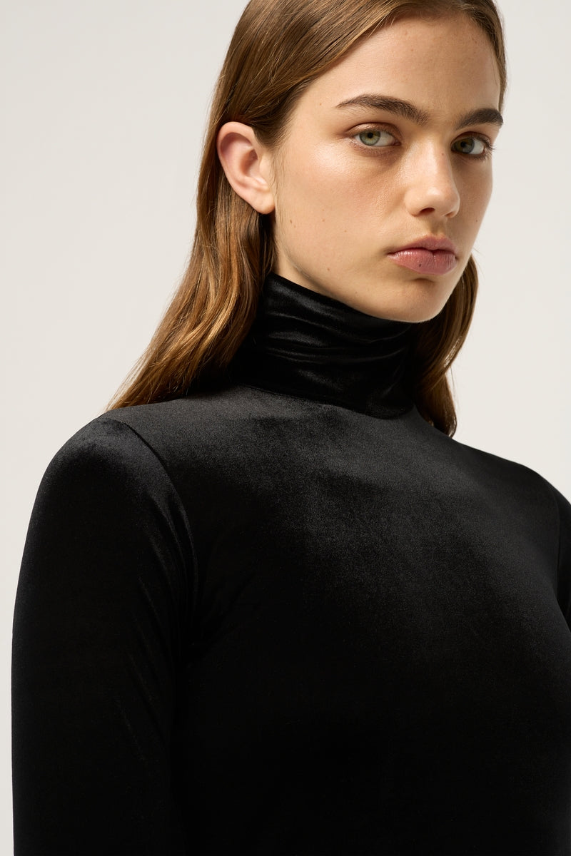 WOMENS HIGH NECK VELVET MAXI DRESS - BLACK