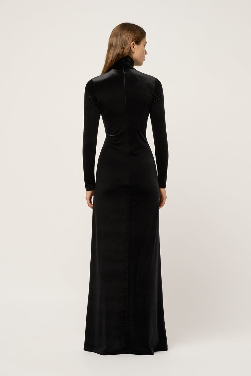 WOMENS HIGH NECK VELVET MAXI DRESS - BLACK