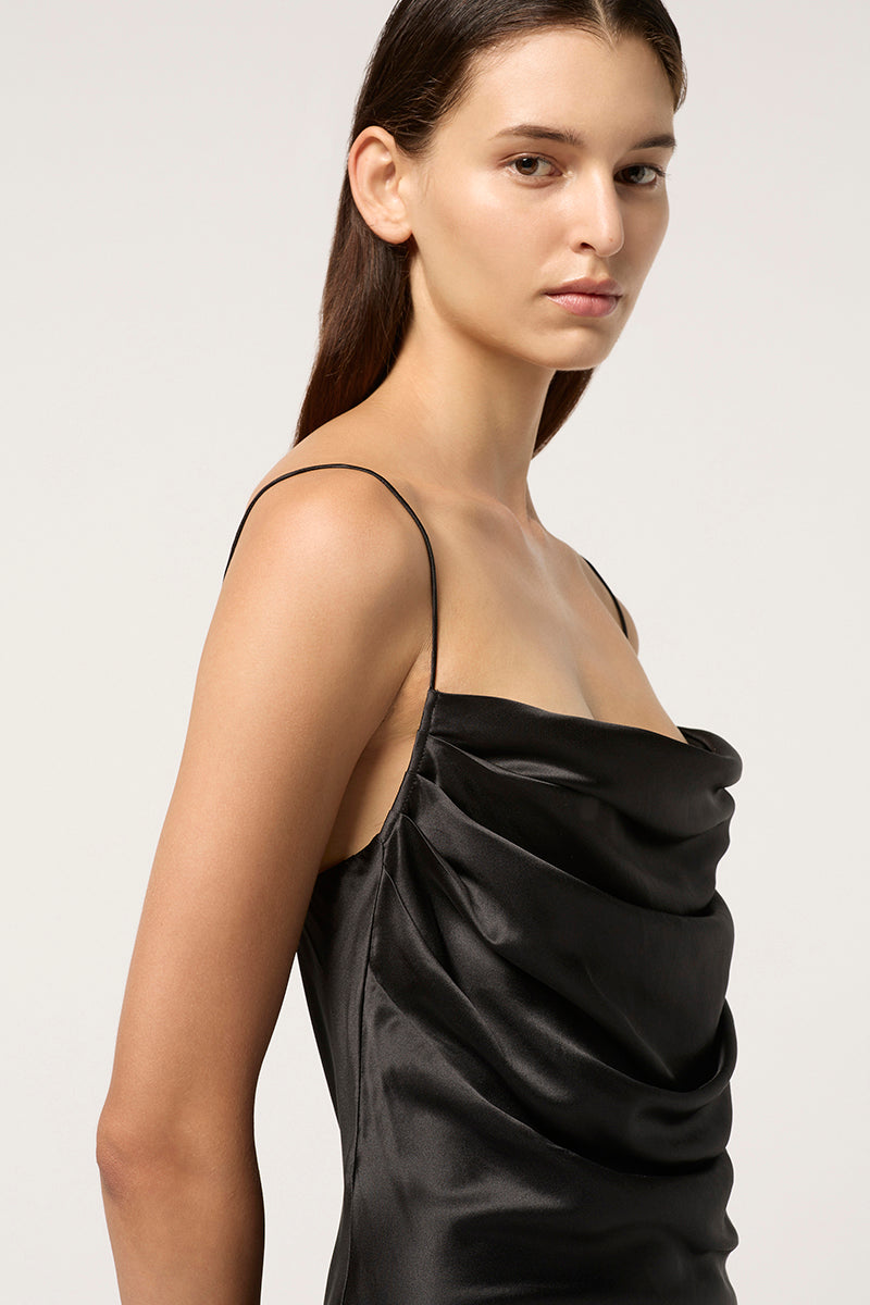 DRAPED CAMISOLE SLIP DRESS - BLACK