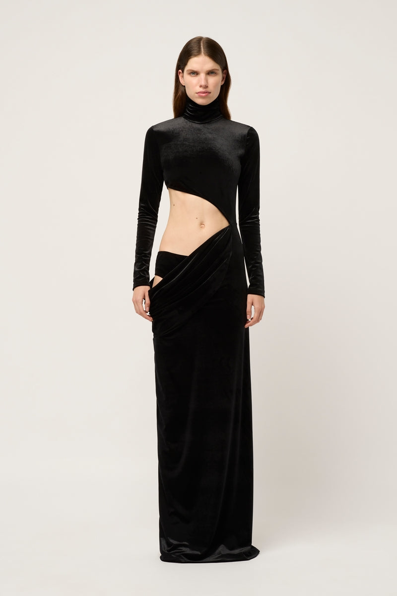 VELVET ASYMMETRIC EXPOSED HIGH NECK MAXI DRESS - BLACK