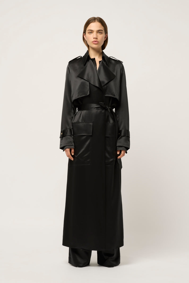 CLASSIC SILK TRENCH COAT - BLACK