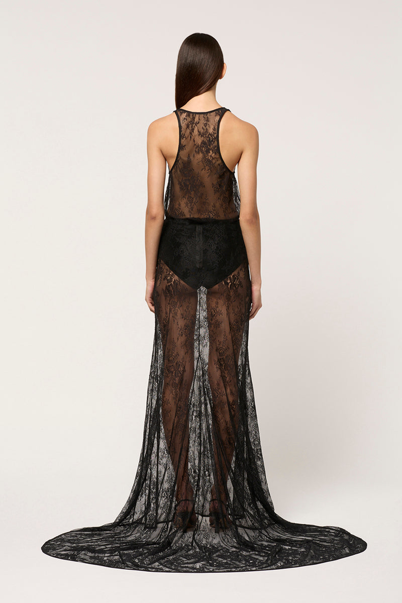 LACE MAXI SKIRT WITH TRAIN - BLACK