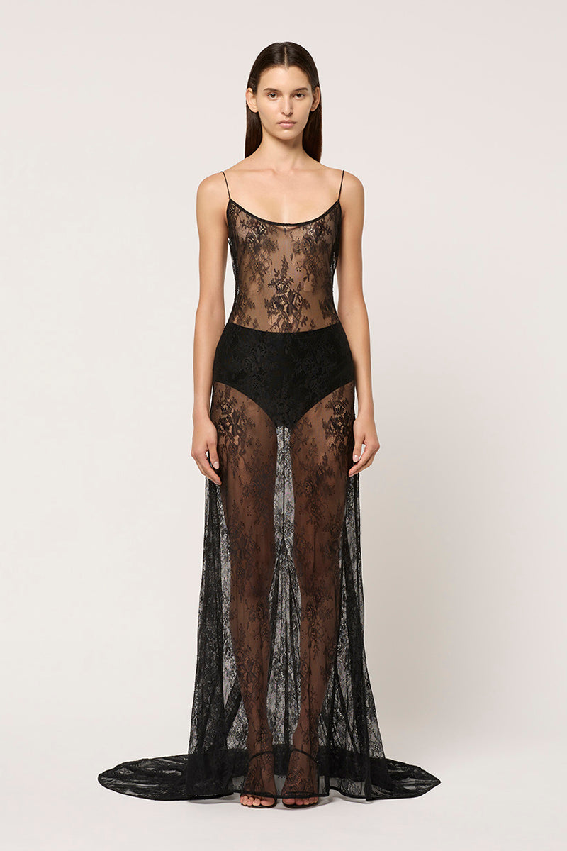 WOMENS SHENISE LACE DRESS WITH TRAIN - BLACK