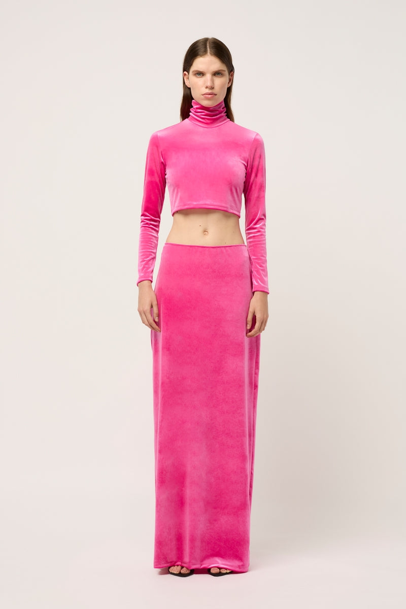 WOMENS HIGH NECK VELVET CROP TOP - POP PINK