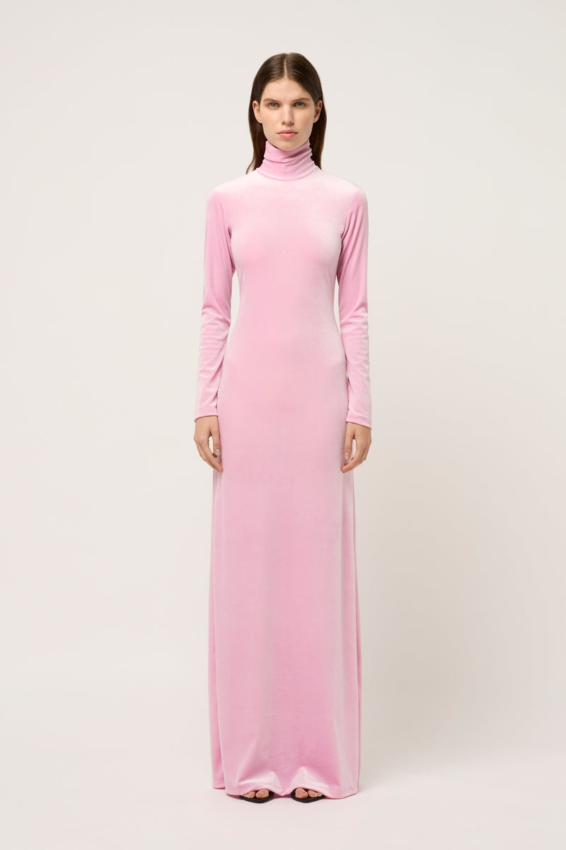 WOMANS HIGH NECK VELVET MAXI DRESS - BABY PINK