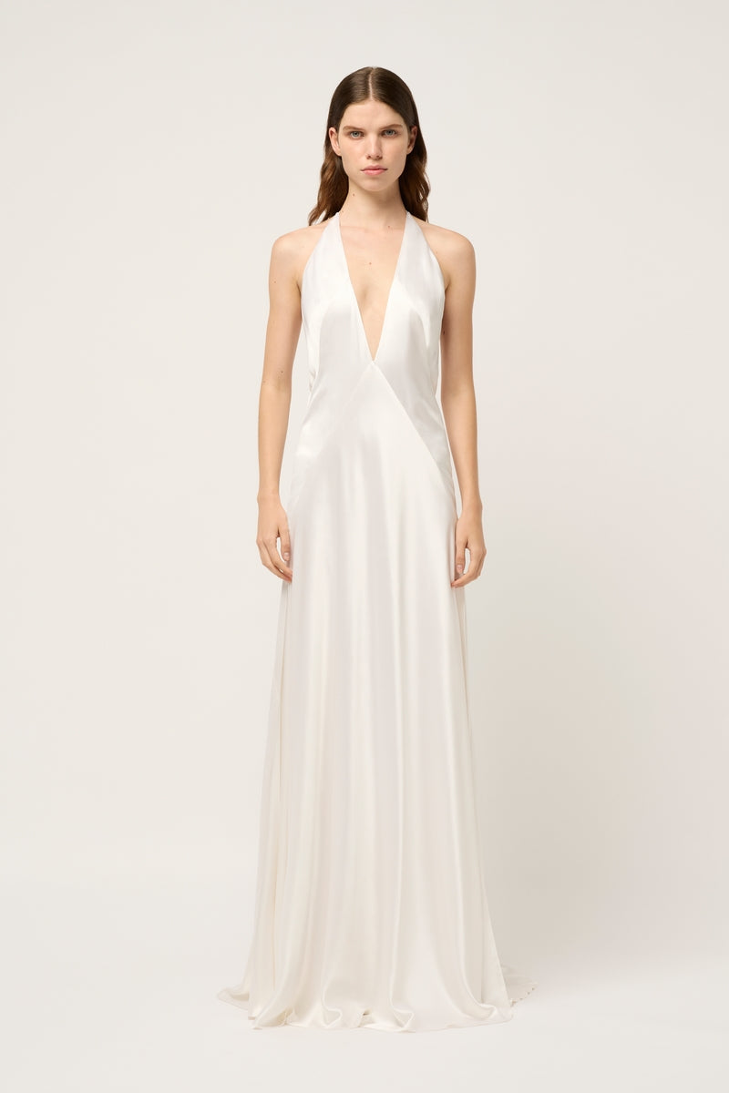 OFF WHITE ASYMMETRICAL SATIN GOWN – DDMINE