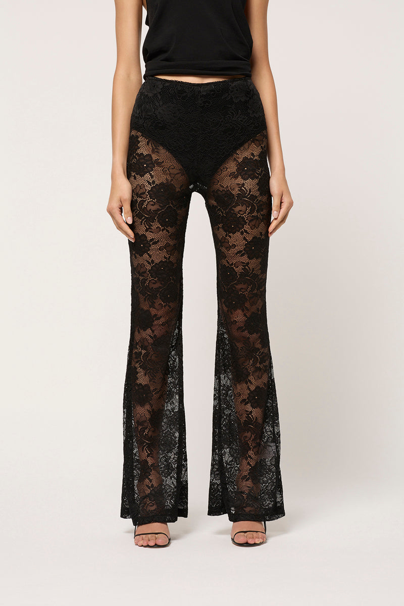 WOMENS LACE FLARED PANT - BLACK
