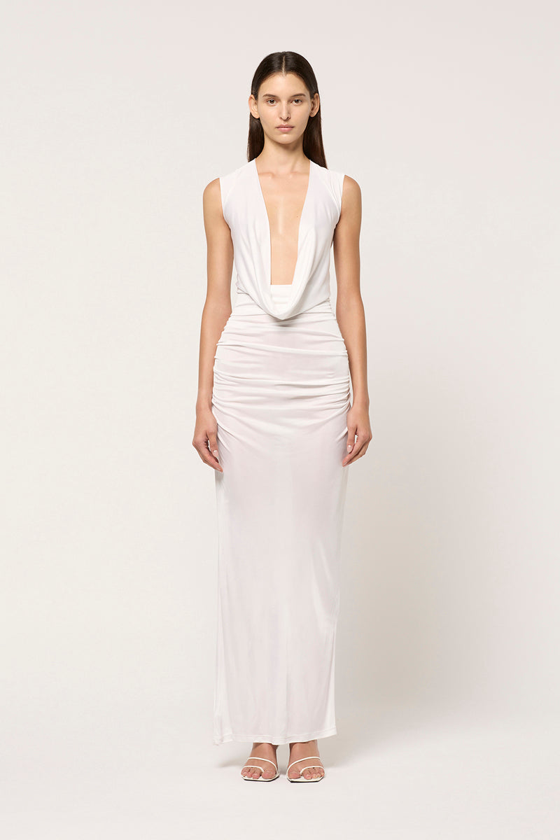 MAXI DRAPE SCOOP FRONT DRESS - WHITE