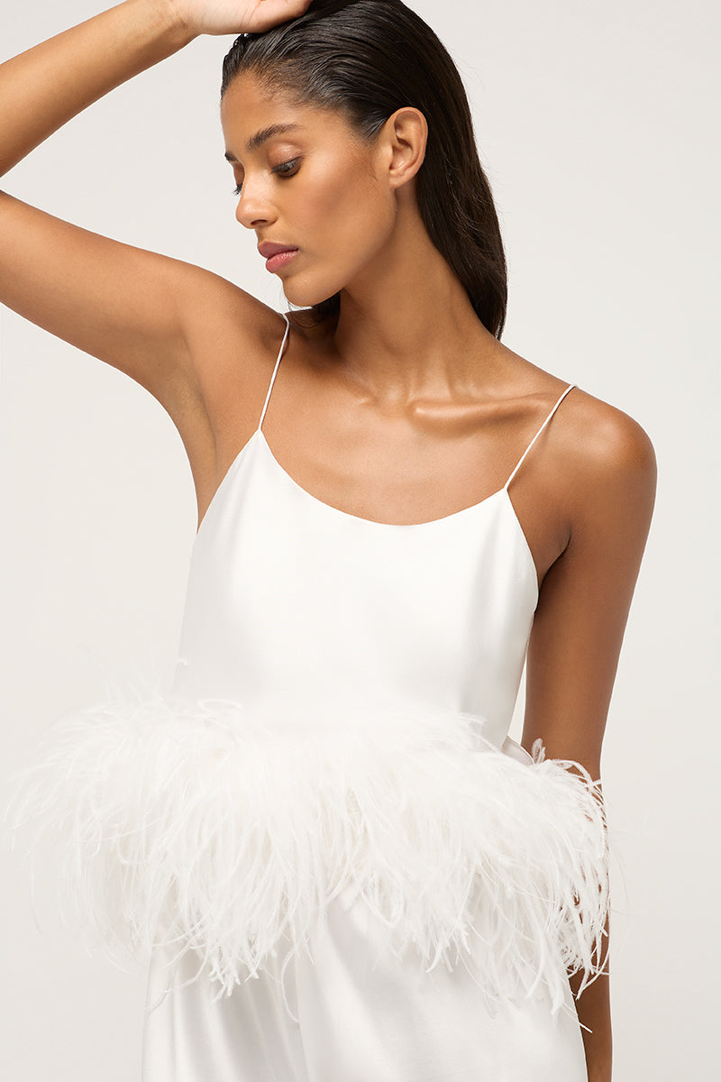 BIAS CAMISOLE WITH OSTRICH FEATHERS - WHITE